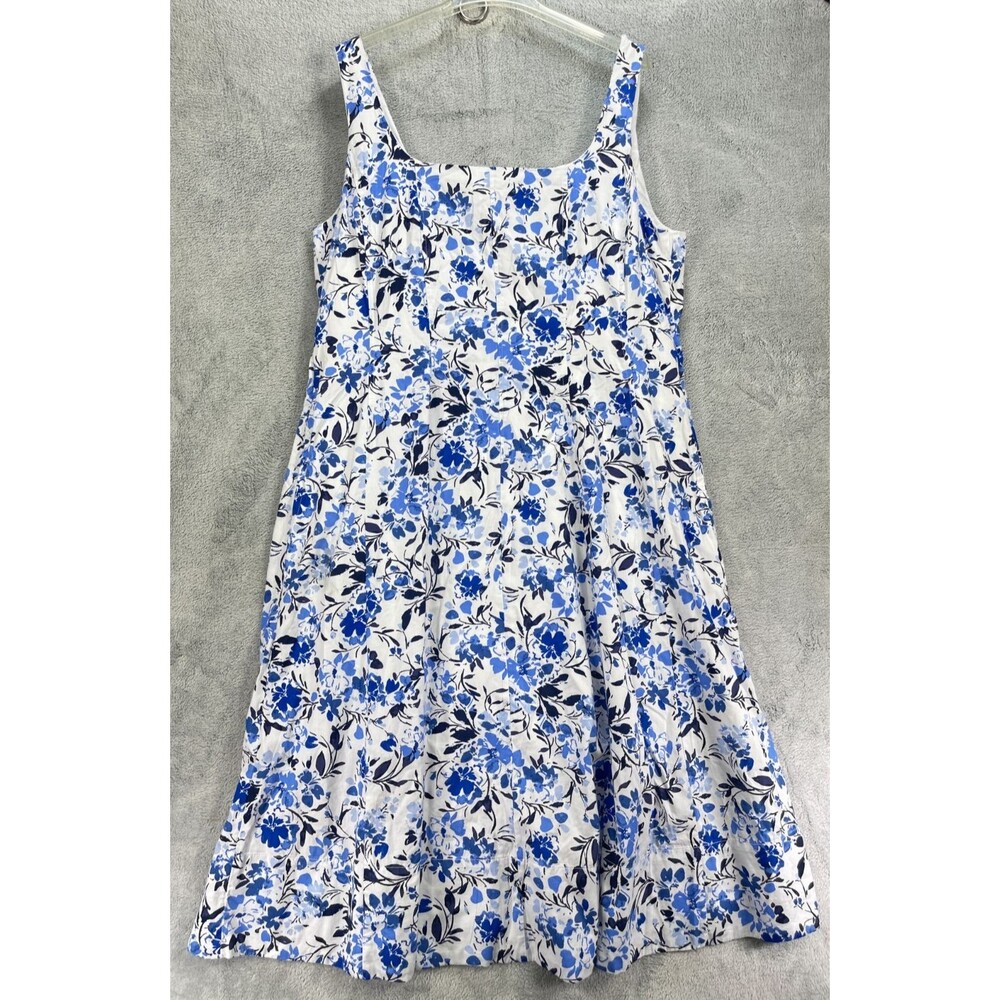 Free Assembly A-Line Dress Womens‎ 2XL White Blue Floral Pleated Cotton Back Zip